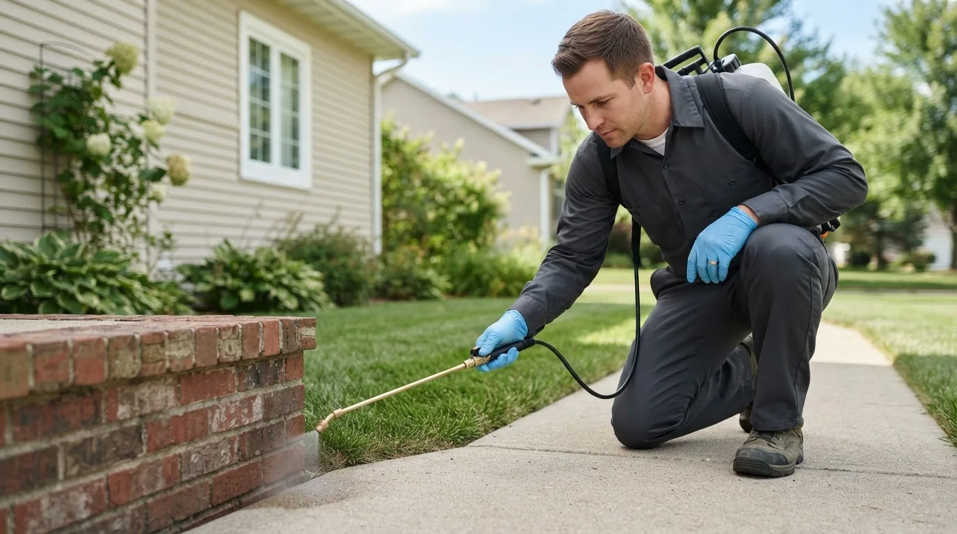 Pest control technician treating a home near Wells, TX