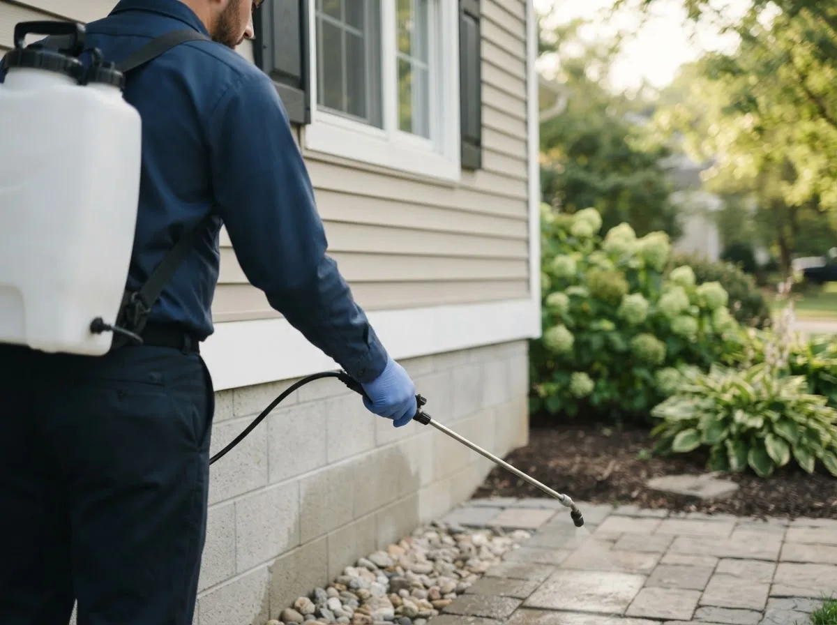 Pest control technician inspecting a home in Wells, TX